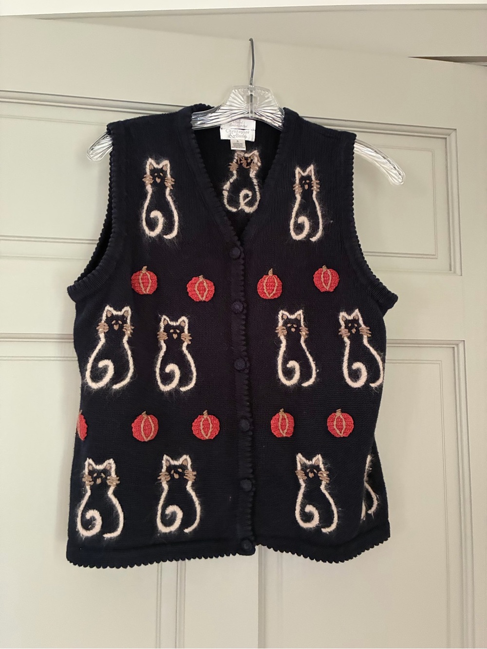 Christopher & Banks Cardigan Sweater Vest Size Small Embroidered Cats Pumpkins